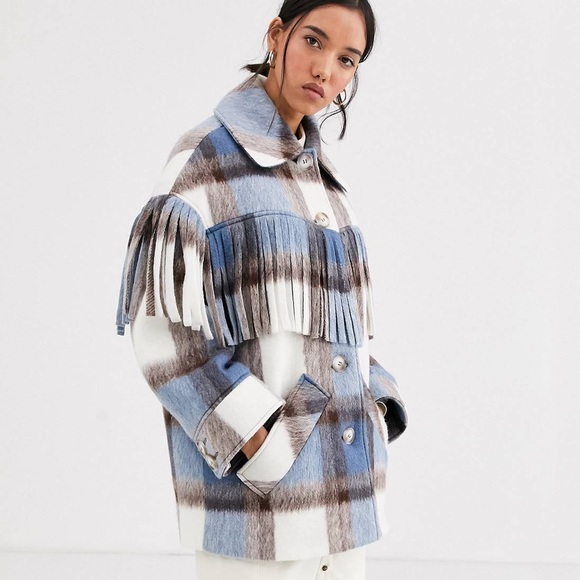 ASOS WHITE wool plaid coat with fringe, size 4 NWOT - Picture 4 of 14